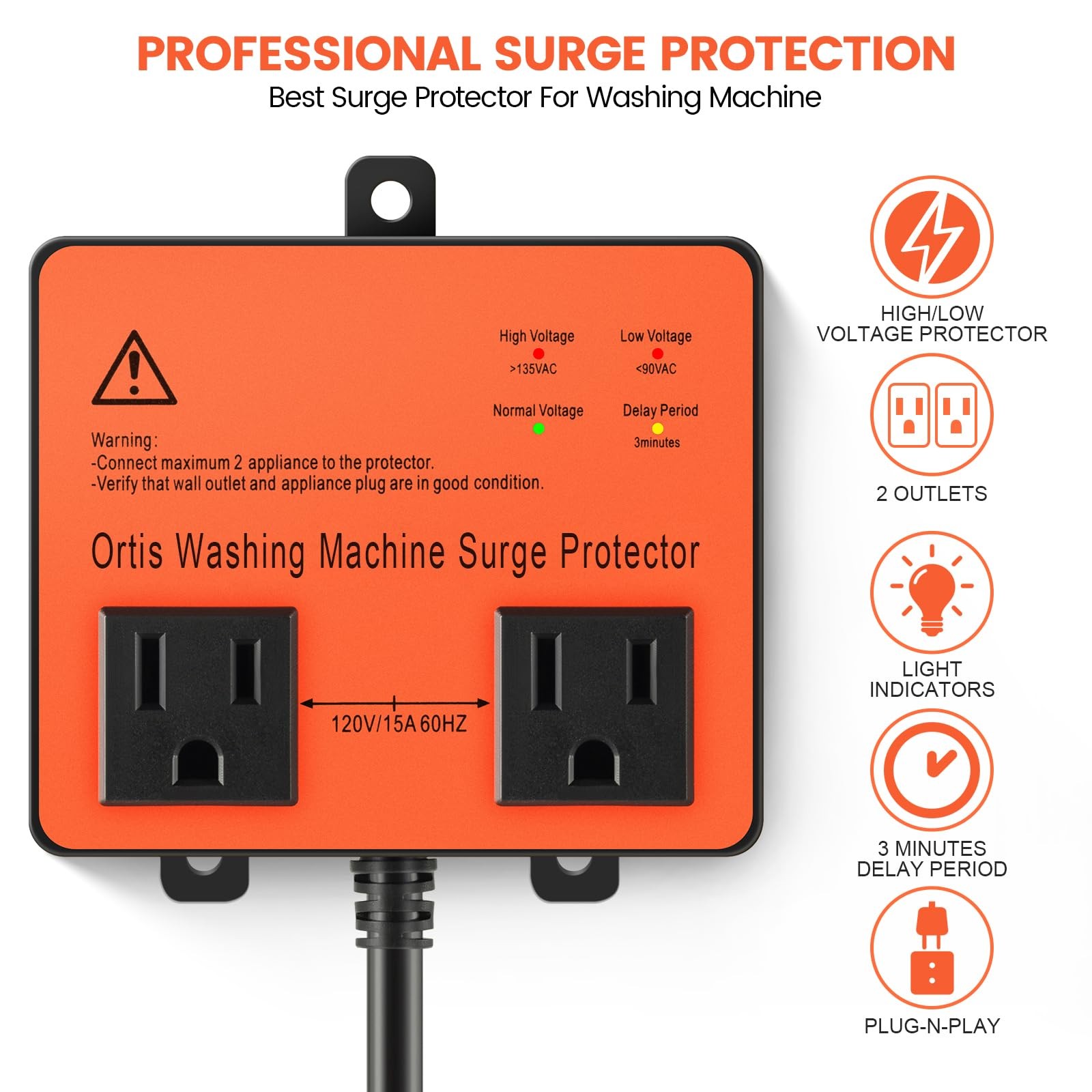 Washing Machine Surge Protector, Ortis Double Outlet Voltage Protector Orange