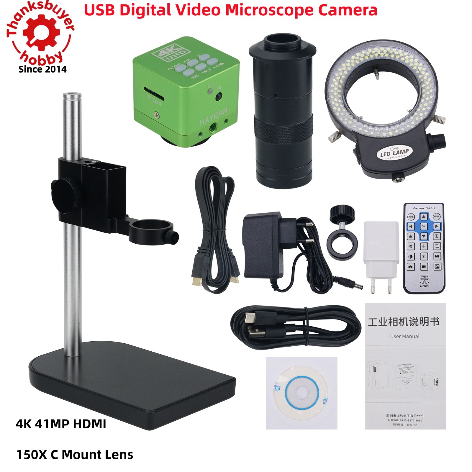 4K 41MP HDMI USB Video Microscope Camera Adjustable 150X C Mount Len Zoom Stand