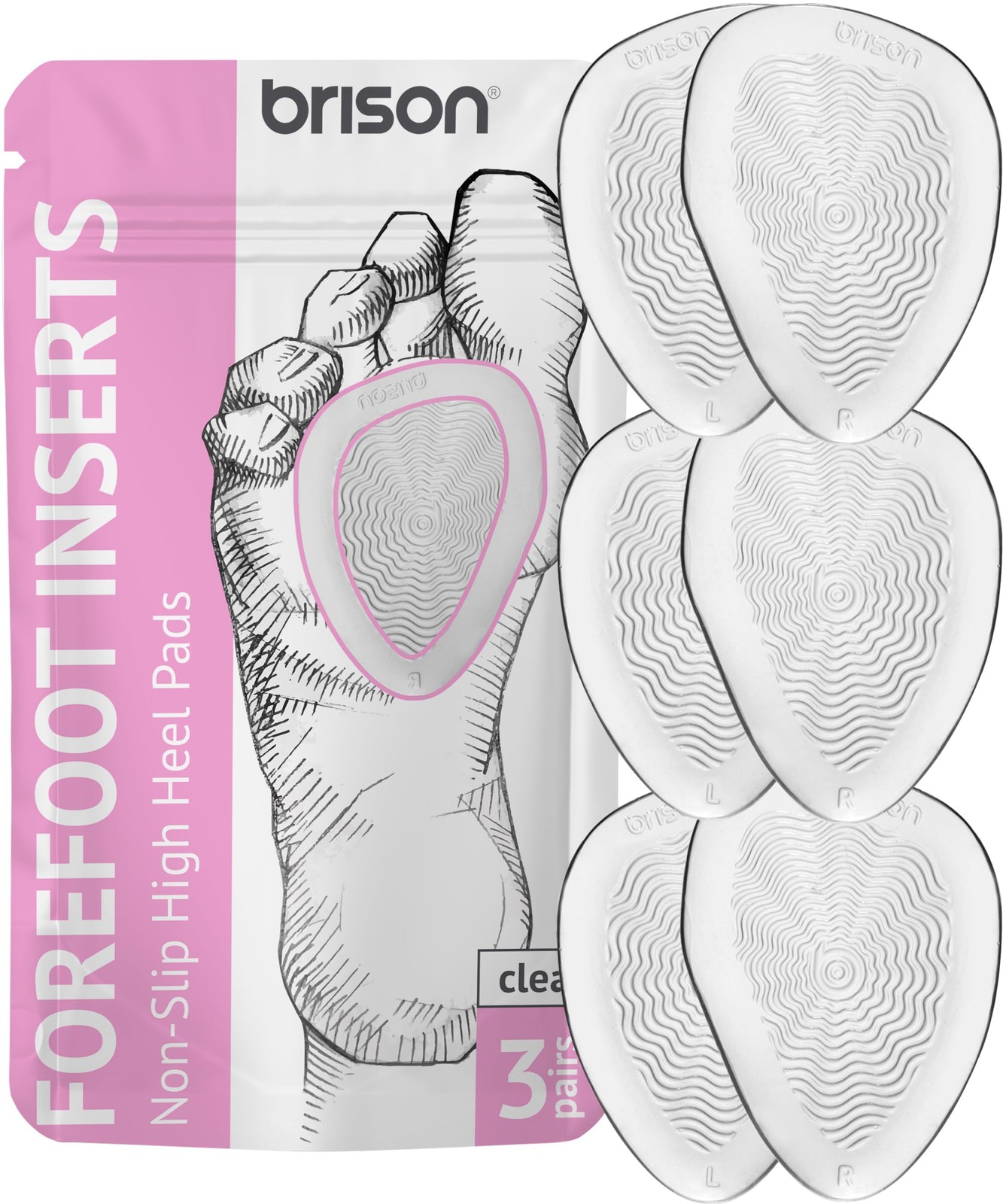 Brison Metatarsal Pads Ball of Foot Cushion 3 Pairs - Medium, Transparent