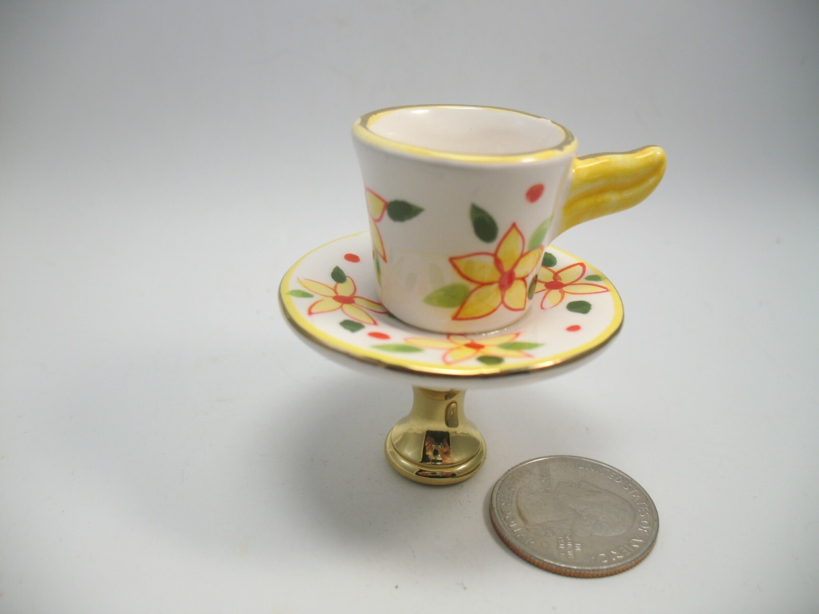 Lamp Finial Yellow Ceramic Doll Size Teacup Rose Decoration Brass Hardware #TC15