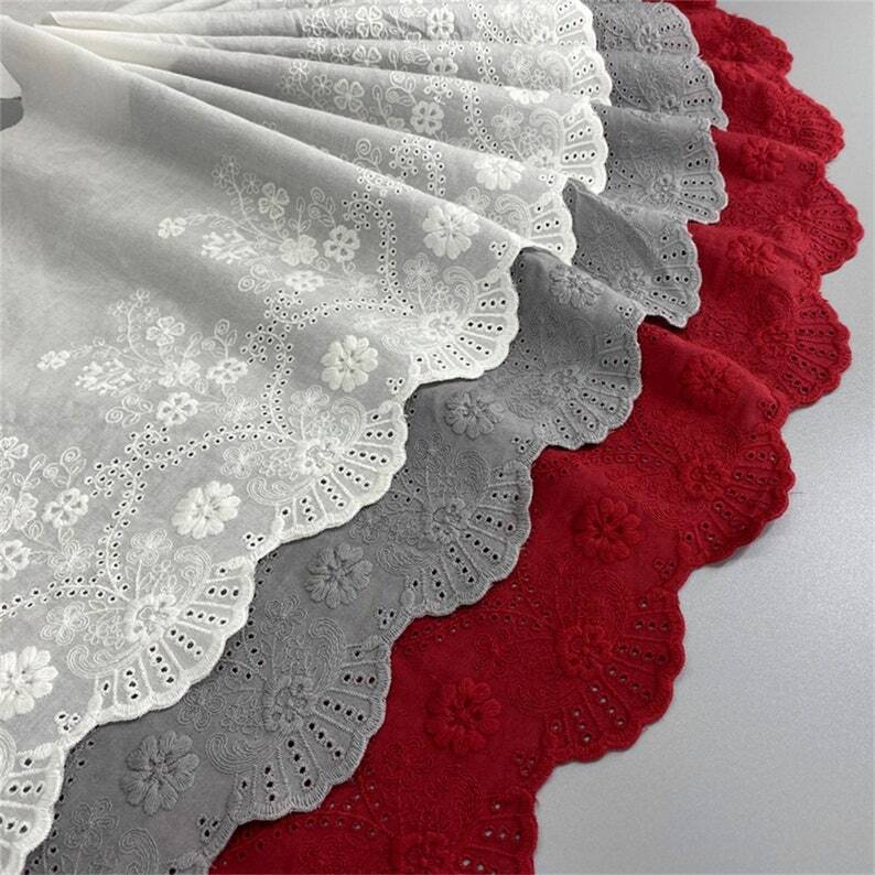 Flower Embroidery Eyelets Cotton Trim Scallop Border Trim for Table Dress 1 Yard