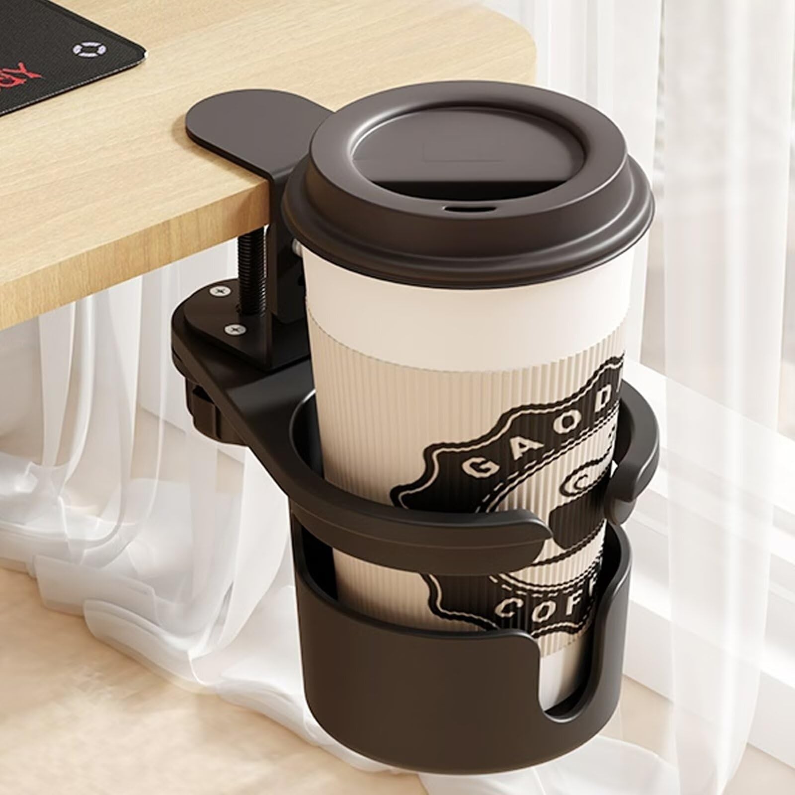 Desk Cup Holder Clamp, 360° Rotating Anti-Spill Table Cup Holder, Adjustabl