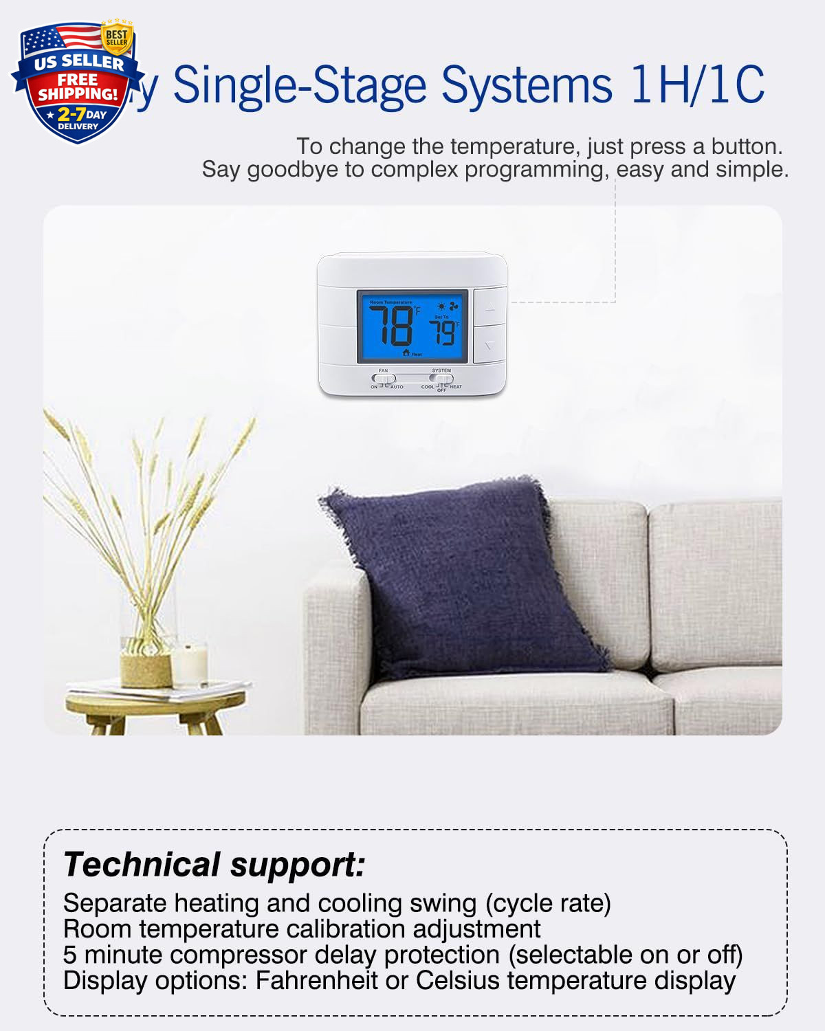 Non Programmable Thermostat for Home 1 Heat/ 1 Cool Single-Stage System, Tempera
