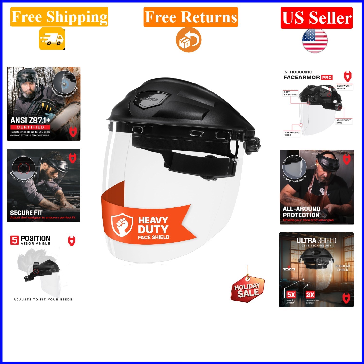 Clear Safety Face Shield for Work, Impact-Resistant, Adjustable