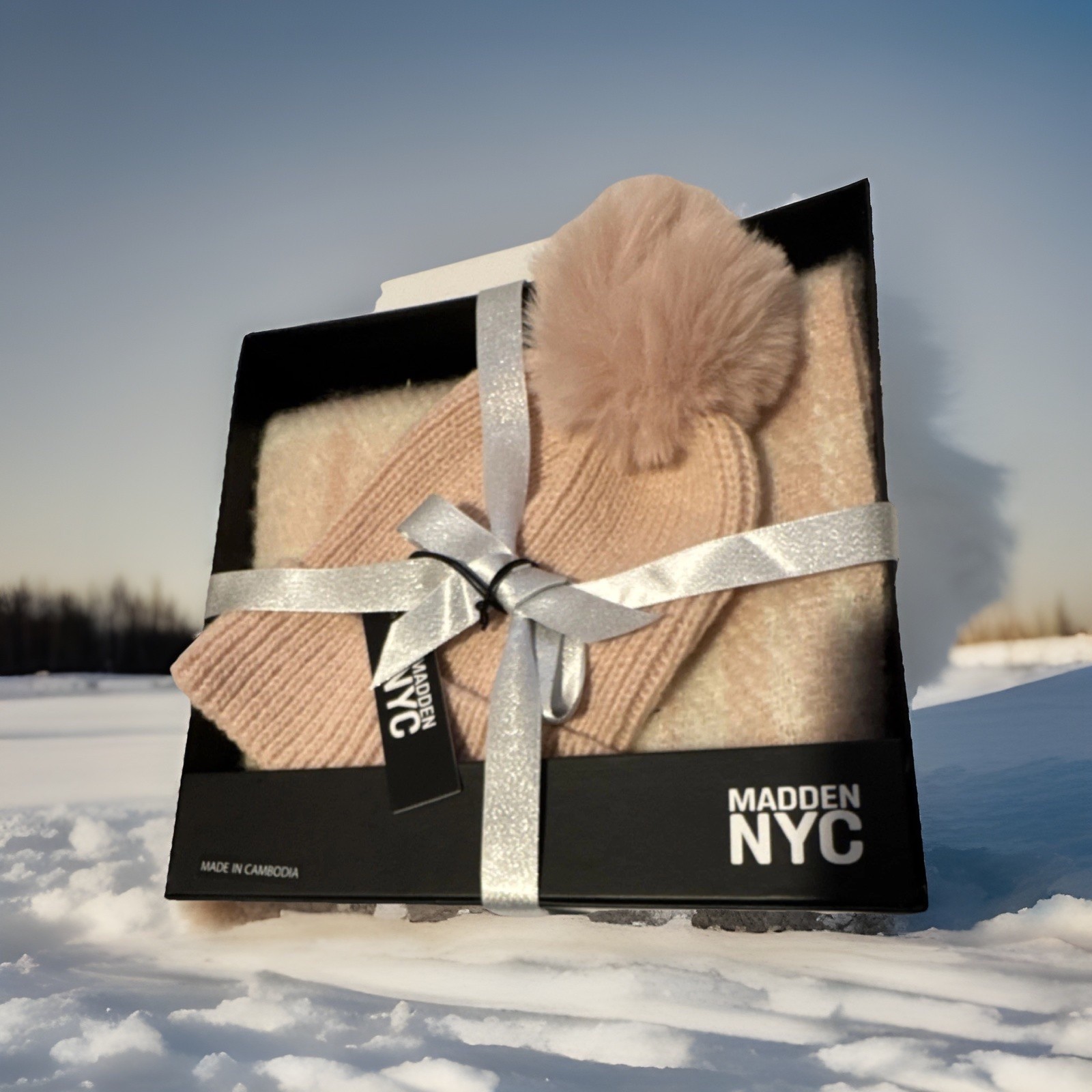 Madden NYC Blush Knit Beanie and Scarf Set with Pom Pom Women One Size fits all