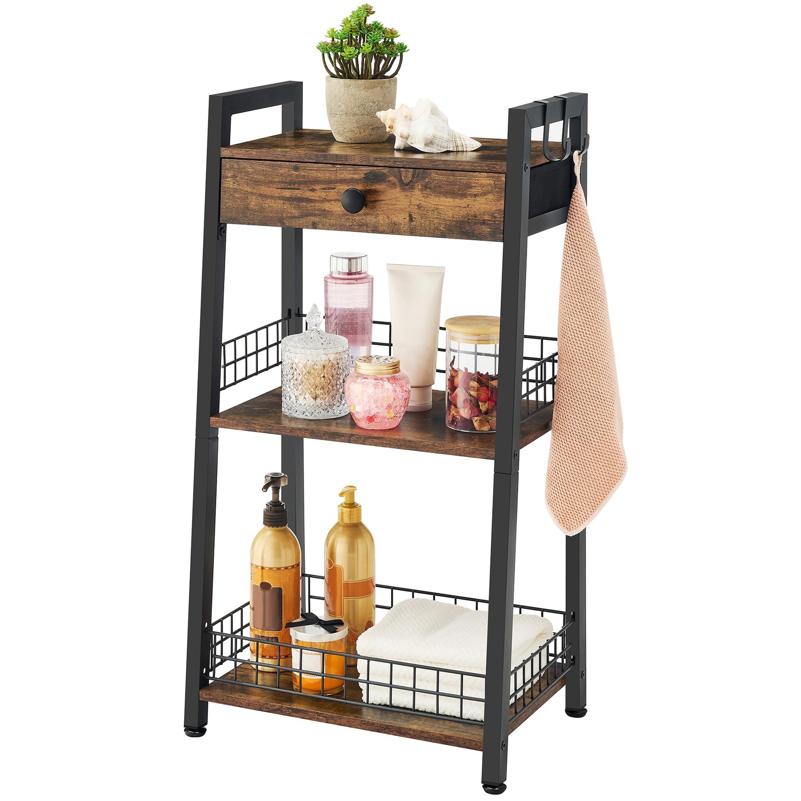 3-Tier Ladder Shelf with Drawer, Bathroom Table Stand for Small Space, Bathro...