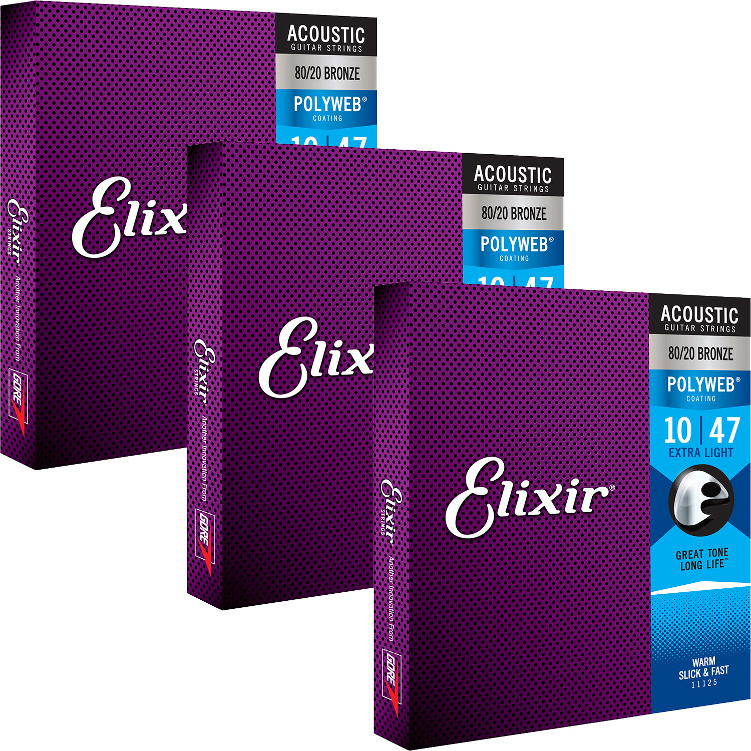 3 Sets Elixir 11000 POLYWEB 80/20 Extra Light Acoustic Guitar Strings 10-47