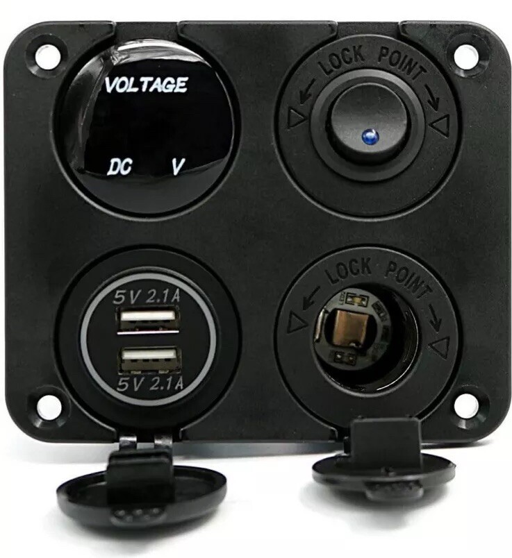 Blue LED Switch Panel Kit Dual USB Car Charger+Voltmeter+12V Power Socket+On-Off