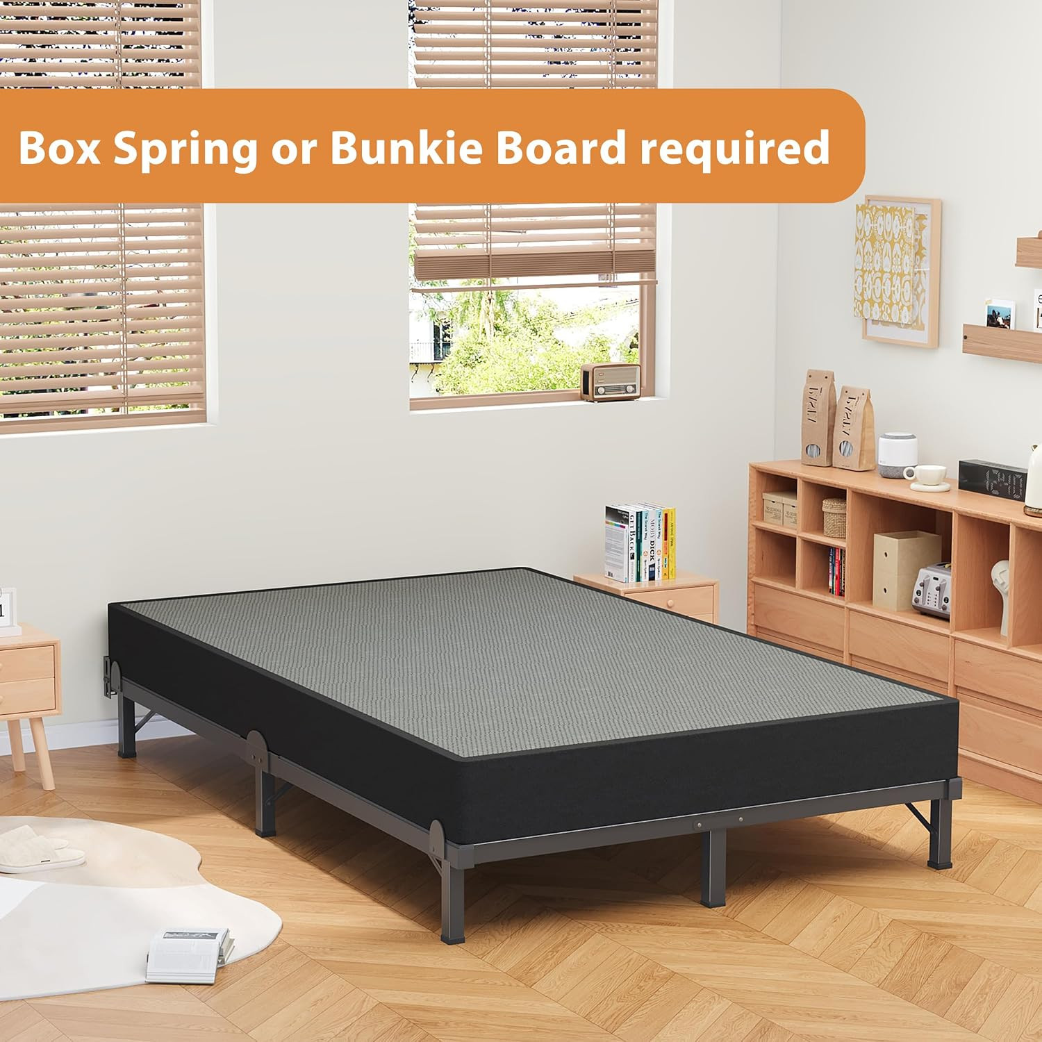 Metal Bed Frame Queen 8 Inches for Box Spring, 9-Legs Support Basics | Foldable