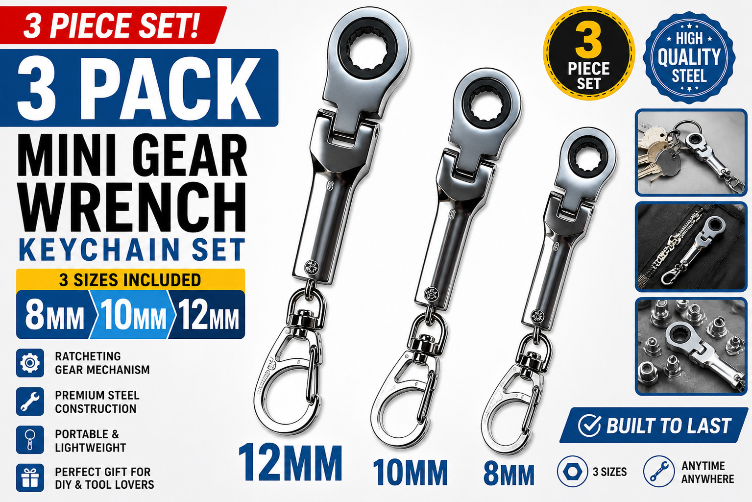 3PACK (8mm + 10mm + 12mm) Wrench Keychain Mini Gear Wrench Ratcheting Wrench Set