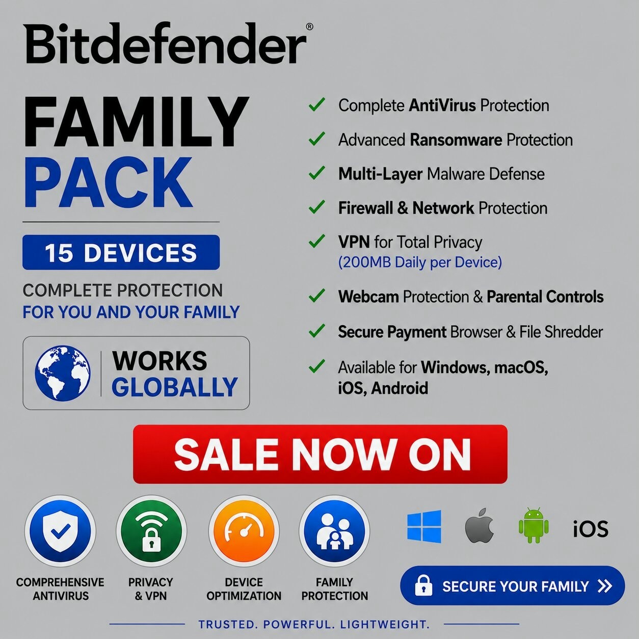 Bitdefender Family Pack 2026 Suite - 3 Years 15 Devices - Daily VPN