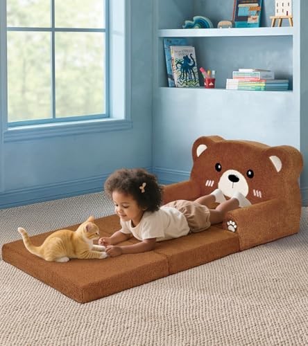 Kids Couch, 2-in-1 Soft Toddler Couch Fold Out with Blanket, Chair Comfy, Bear
