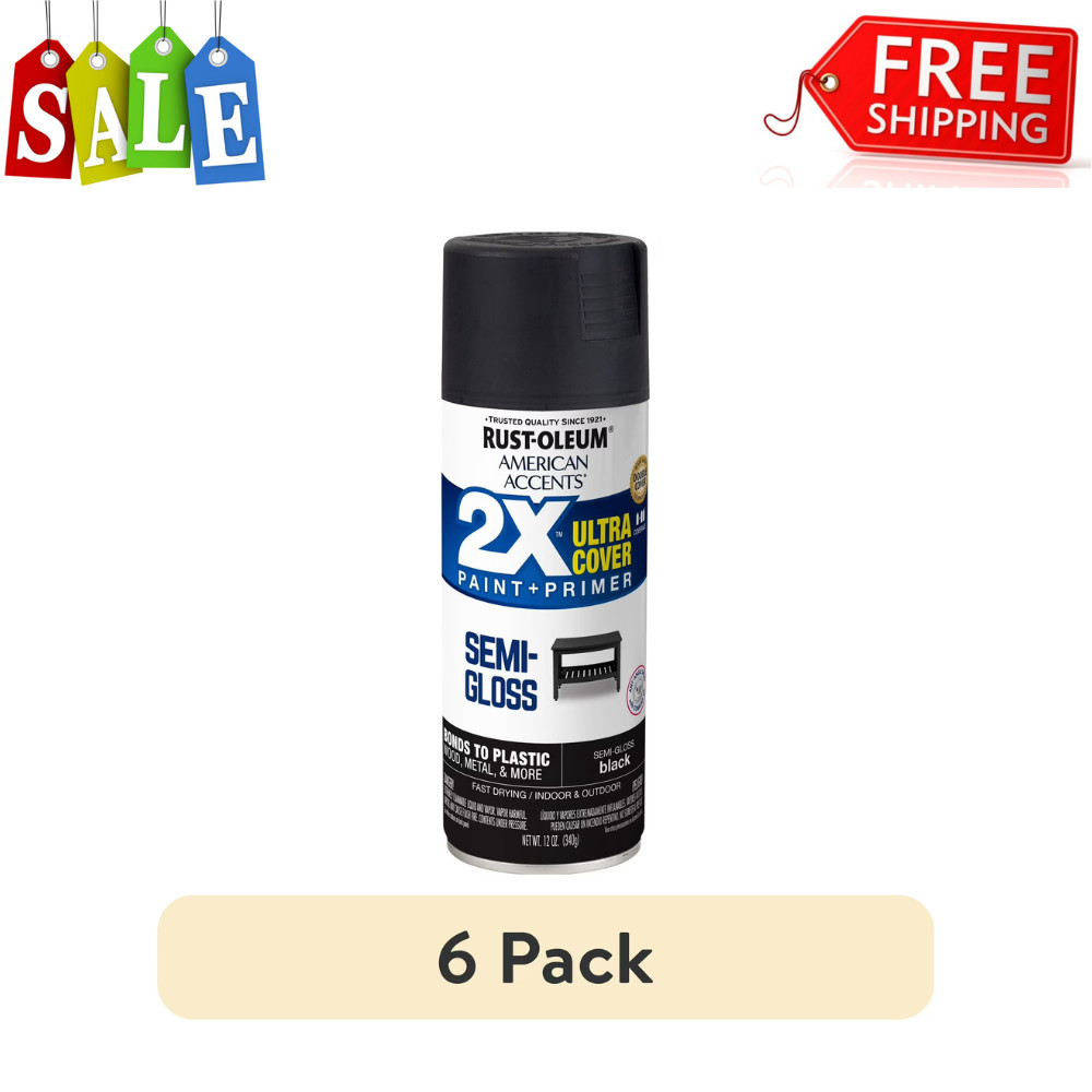 6 Pack Rust-Oleum American Accents 2X Semi-Gloss Black Spray Paint, 12oz, 327950