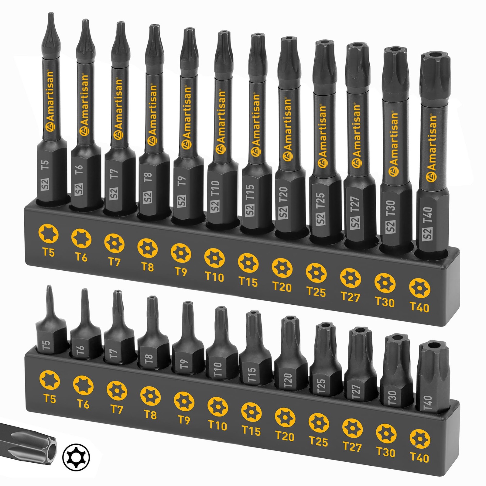 Amartisan Torx Bit Set, 24-Piece S2 Steel, 1" & 2.3" Long T5 24-Piece, Black