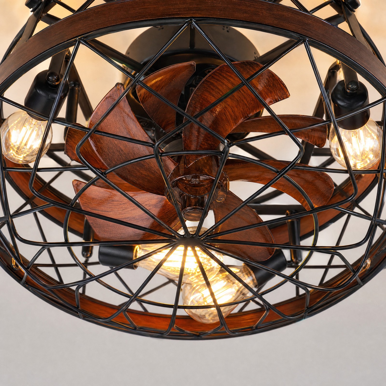 20 inch Rustic Black Caged LED Ceiling Fan with Light Flush Mount Remote Control