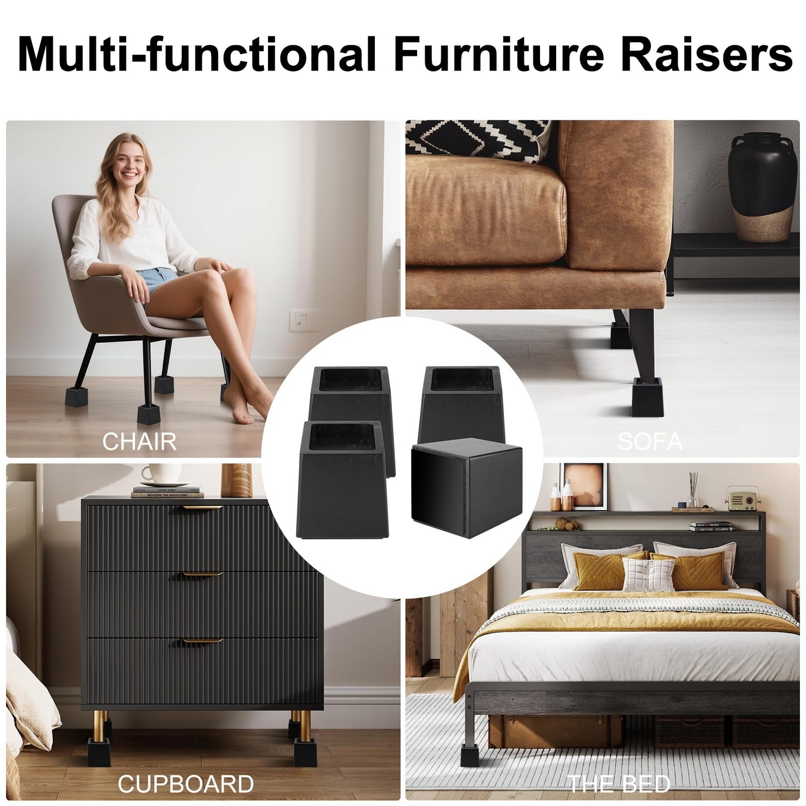 Wood Bed Risers Heavy Duty, Support Loading 2200lbs, 4 Pack Furniture Riser L...