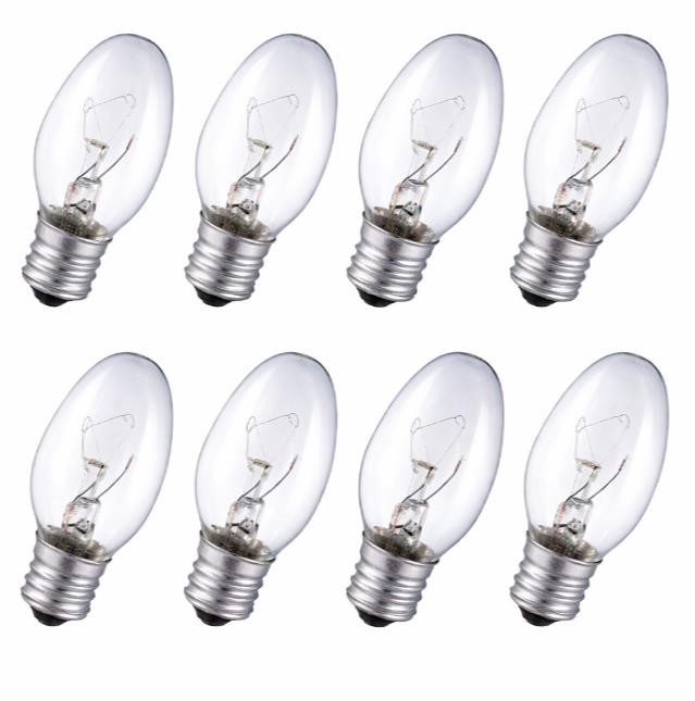 8 Clear 7 Watt Night Light Bulbs Candelabra Base 120V Replacement 88 Lumens