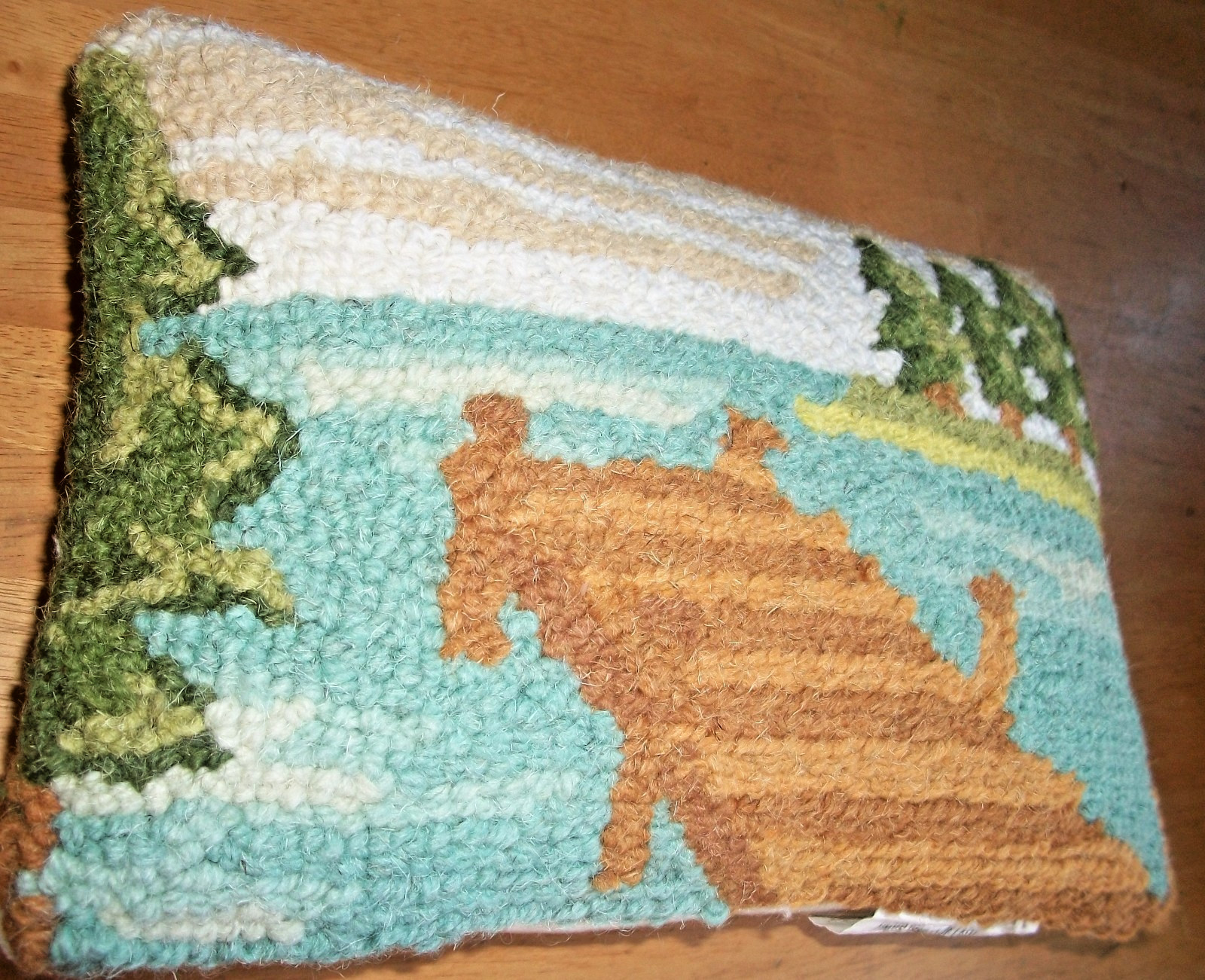 Peking Handicraft WOOL HOOKED LANDSCAPE Trees BOATDOCK Velvet Pillow 8x12 NWT