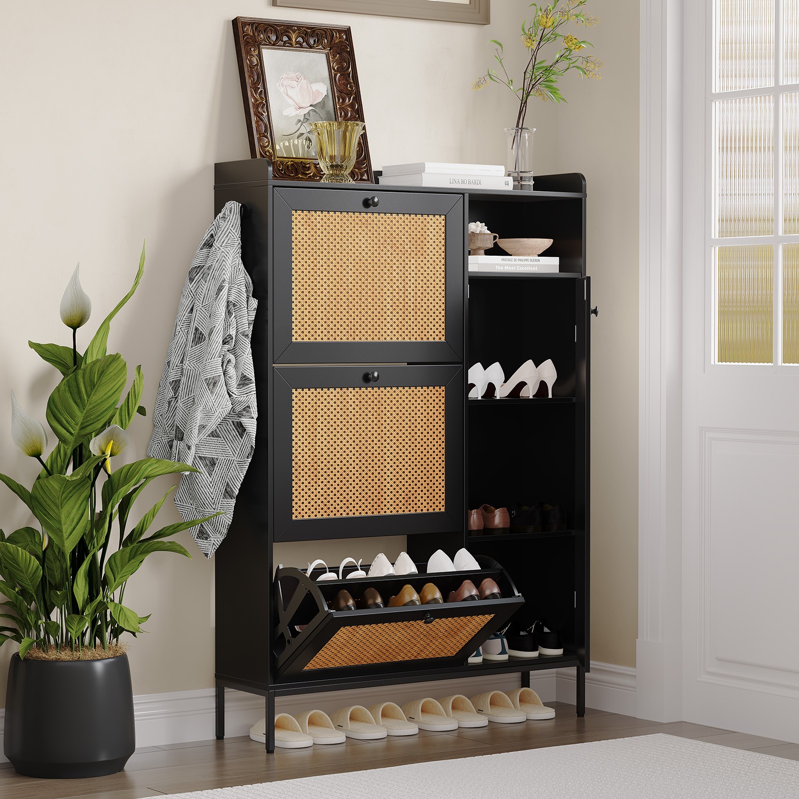 Mdf + Pb + Pe Rattan Three Drawers Shoe Cabinet With Doors Tall Shoe Rack