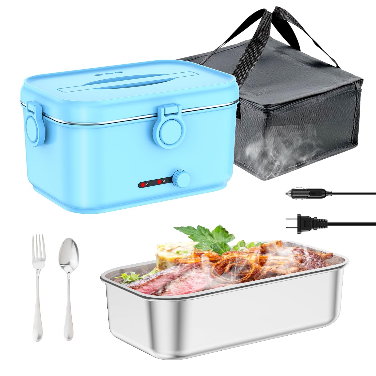Mangoin Heated Electric Lunch Box for Adults, 80W Portable 1.8L, Light Blue