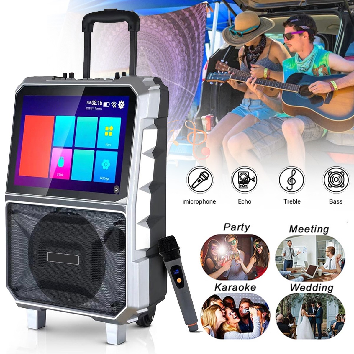 14"Touch Screen Karaoke Machine 8" Woofer Bluetooth Party Speaker w/Wireless Mic