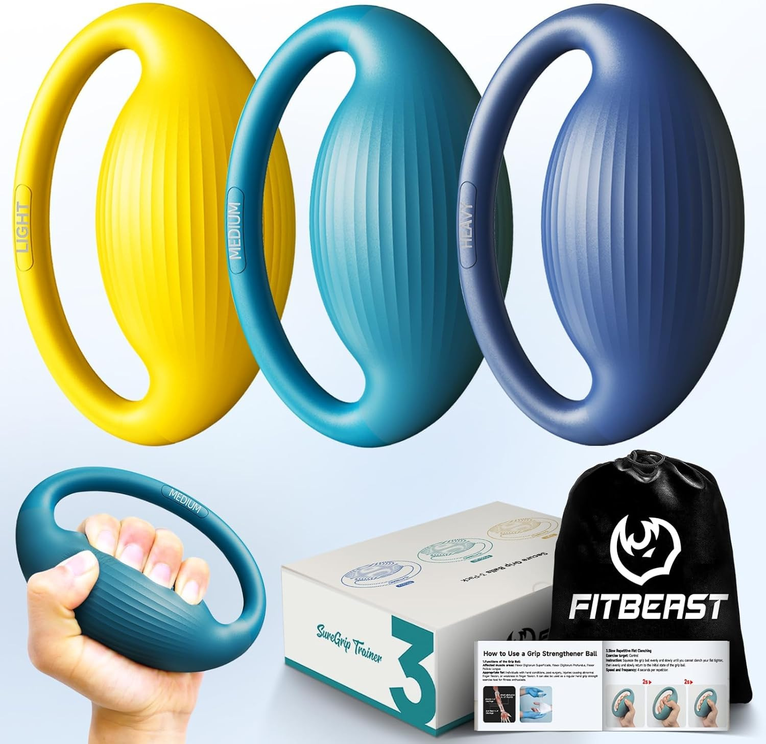 Hand Exercise Balls - 3 Resistance Levels Stress Balls for Adults, Squeeze Balls