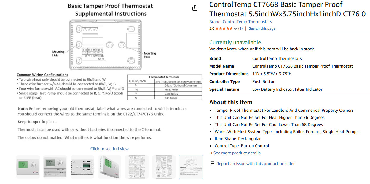 ControlTemp CT7668 Basic Tamper Proof Thermostat White, everything in the box
