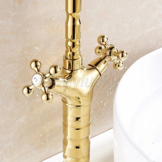 Gold Polished Brass Double Cross Handle Bathroom Sink Mixer Tap Faucet wsf094