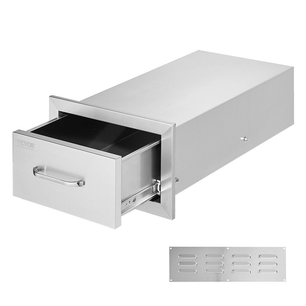 14x8.5In Outdoor Kitchen Drawer Stainless Steel BBQ Drawer w/ Handle Flush Mount