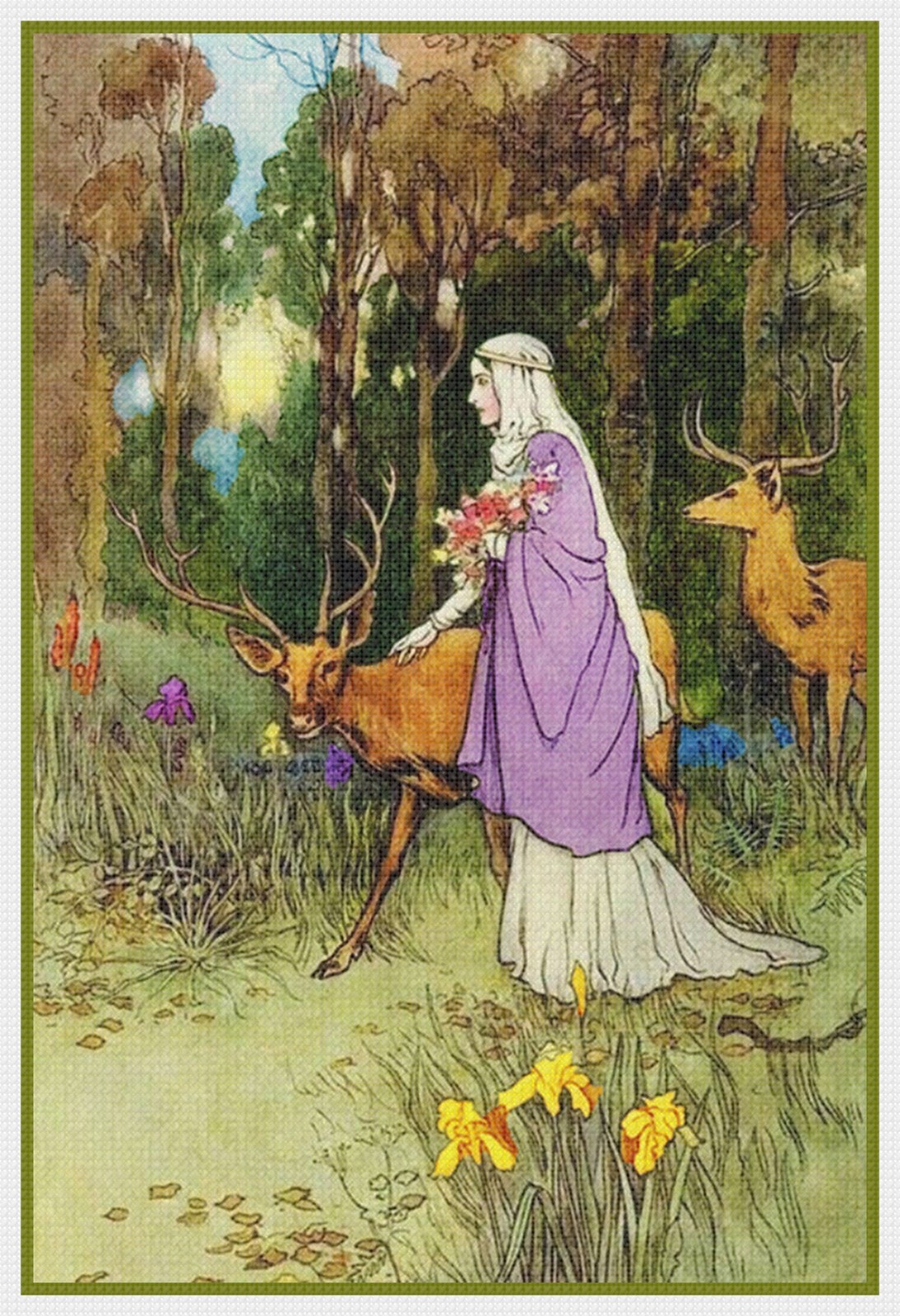 Woman Walking Woods Timid Dun Deer Warwick Goble Counted Cross Stitch Pattern