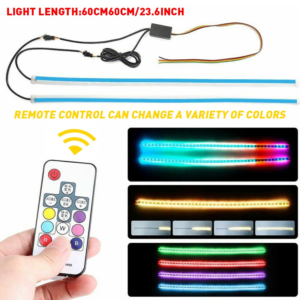2x 60CM RGB Slim Sequential Flexible LED DRL Turn Signal Strip Remote Headlight