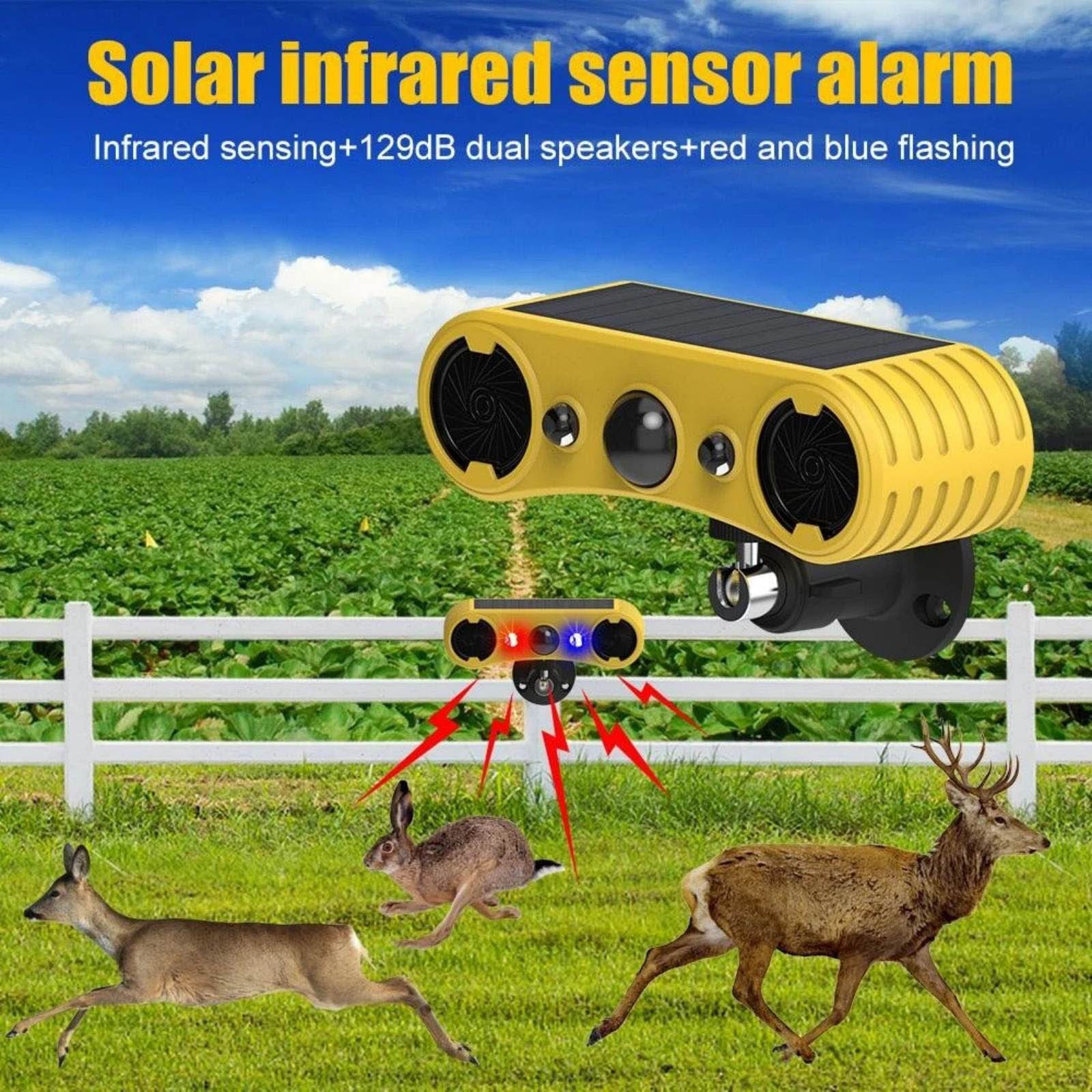 Solar Powered Motion Sensor Alarm 129dB 4 Modes 13 Sounds For Warehouse Security