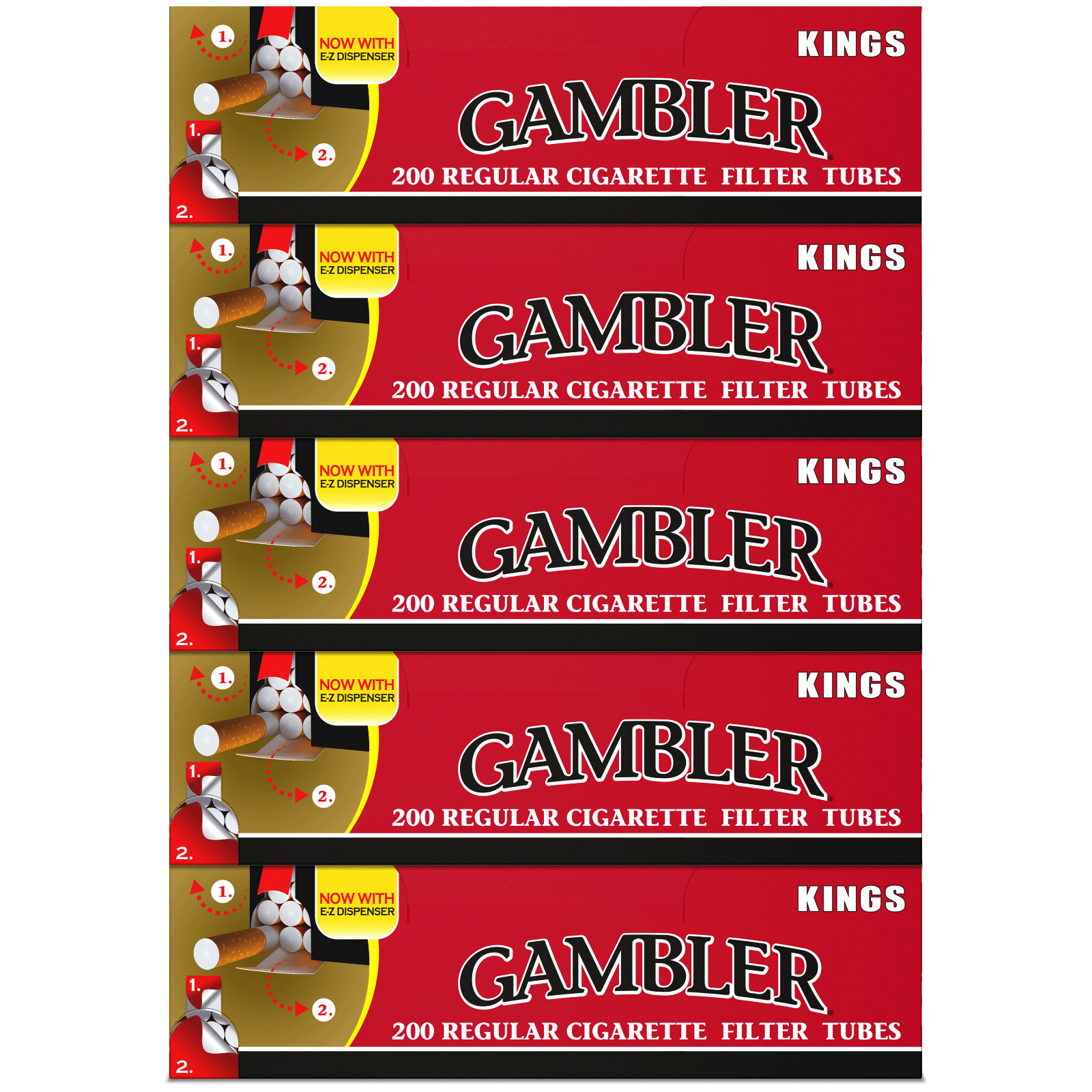 Gambler Tubes - King Size Regular Cigarette Filter Tubes (200 Per Box) 5 Boxes