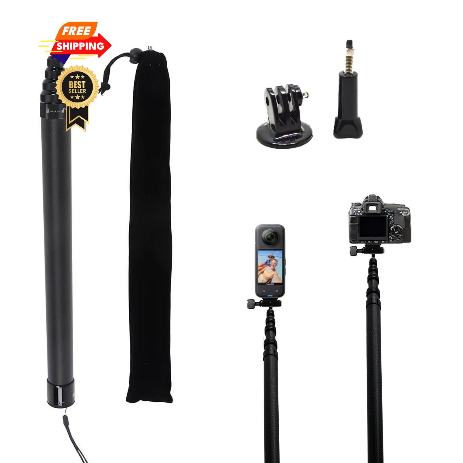 110"/2.8m Carbon Fiber Invisible Selfie Stick,9.2ft Extended 2.8M, Black