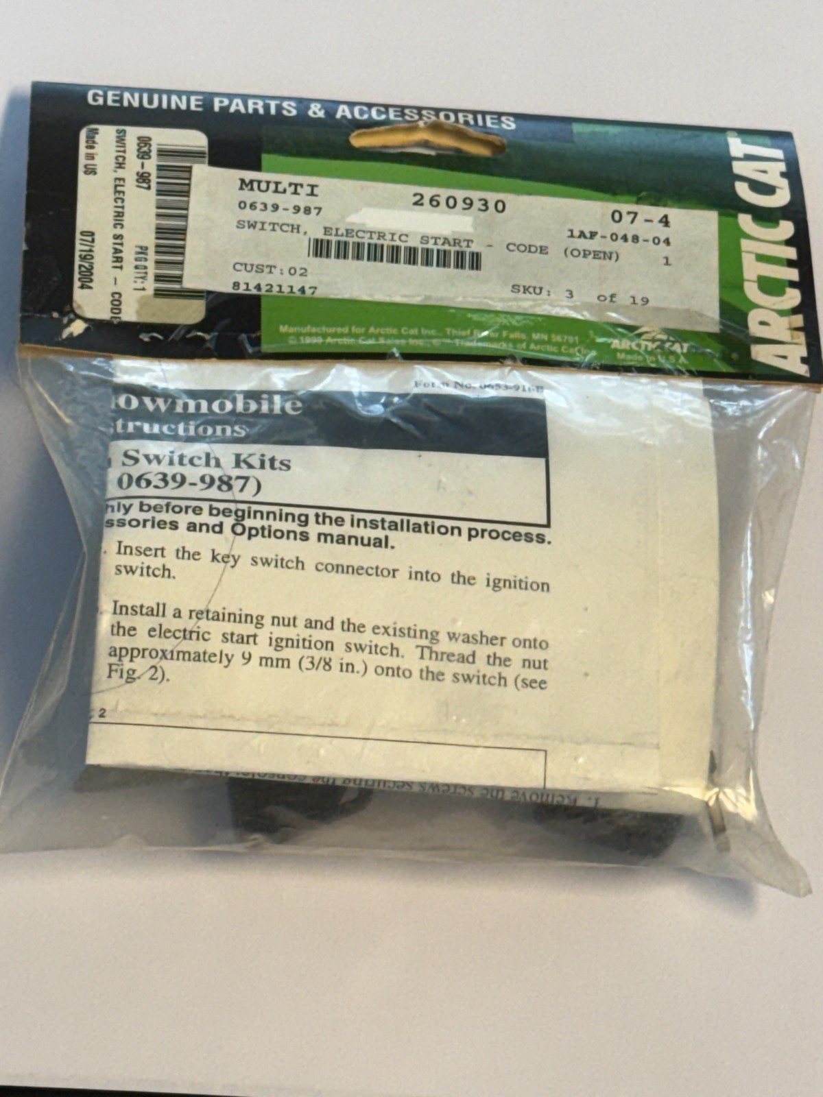 OEM Genuine Arctic Cat 0639-987 Electric Start Ignition Switch - Code (open)