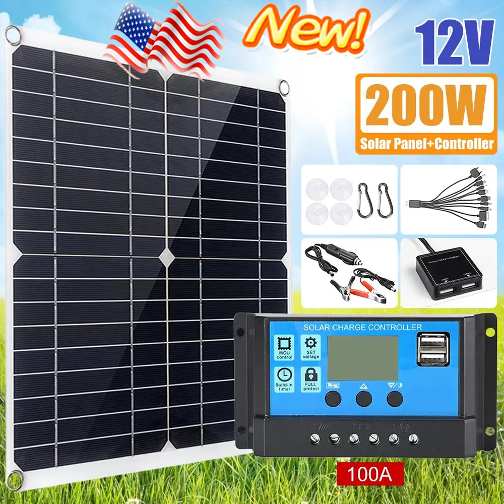 200W Solar Panel Kit Battery Charger&100A Controller For Car Van Caravan Boat US