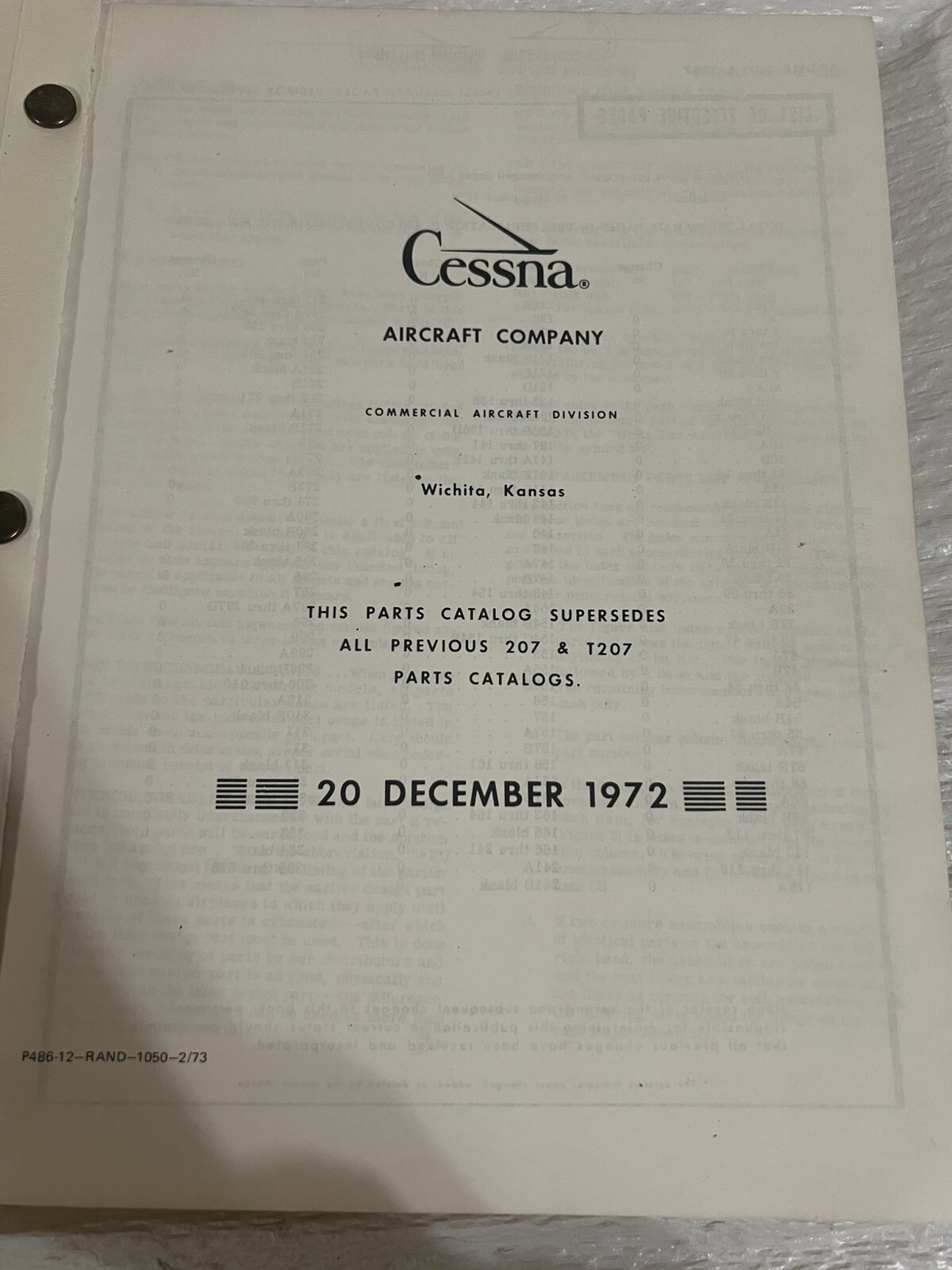 1969 Thru 1973 cessna skywagon 207 parts catalog Book
