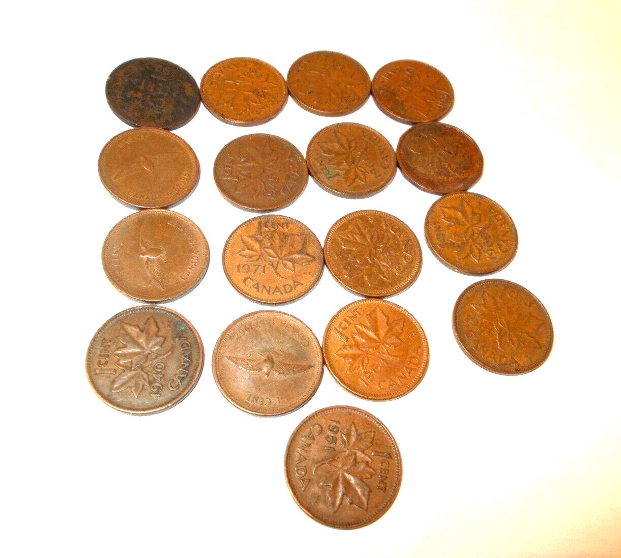 LOT OF 17 CANADA  1  CENT  COINS  1920 - 1986  14  DIFFERENT  YEARS