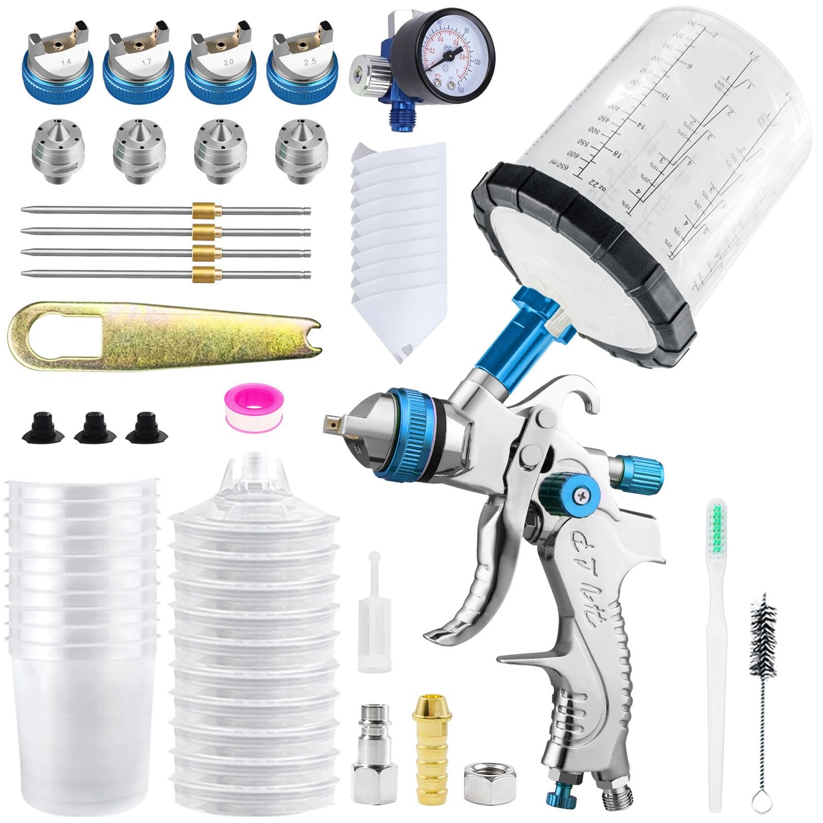HVLP Gravity Fed Air Spray Gun with 1.4/1.7/2.0/2.5 mm Nozzles and 650cc Mixi...