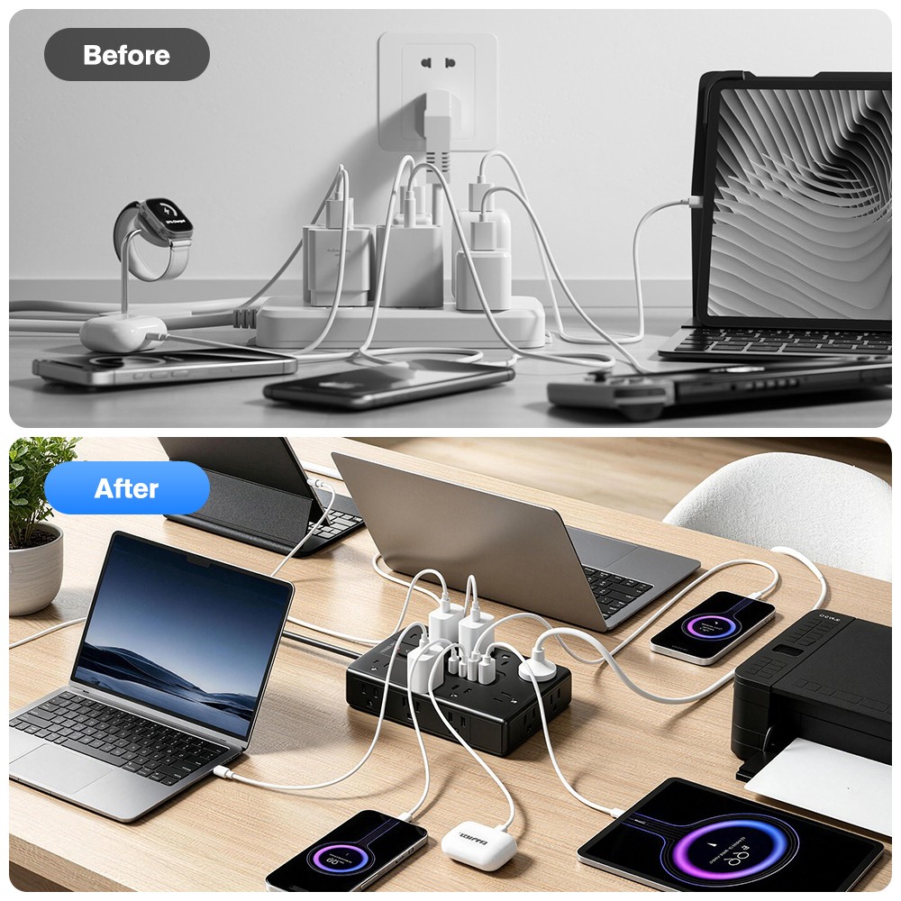 Flat Plug Power Strip with 16 Outlet Extension Cord USB Port Surge Protector