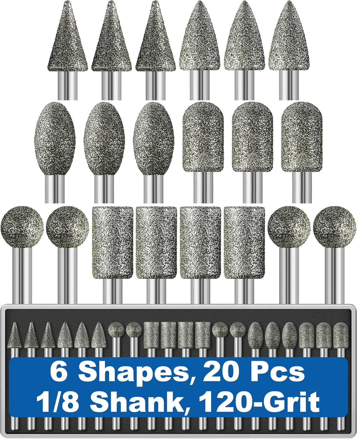 20 brocas de diamante de grano 120 con vastago de 1/8 compatibles con Dremel