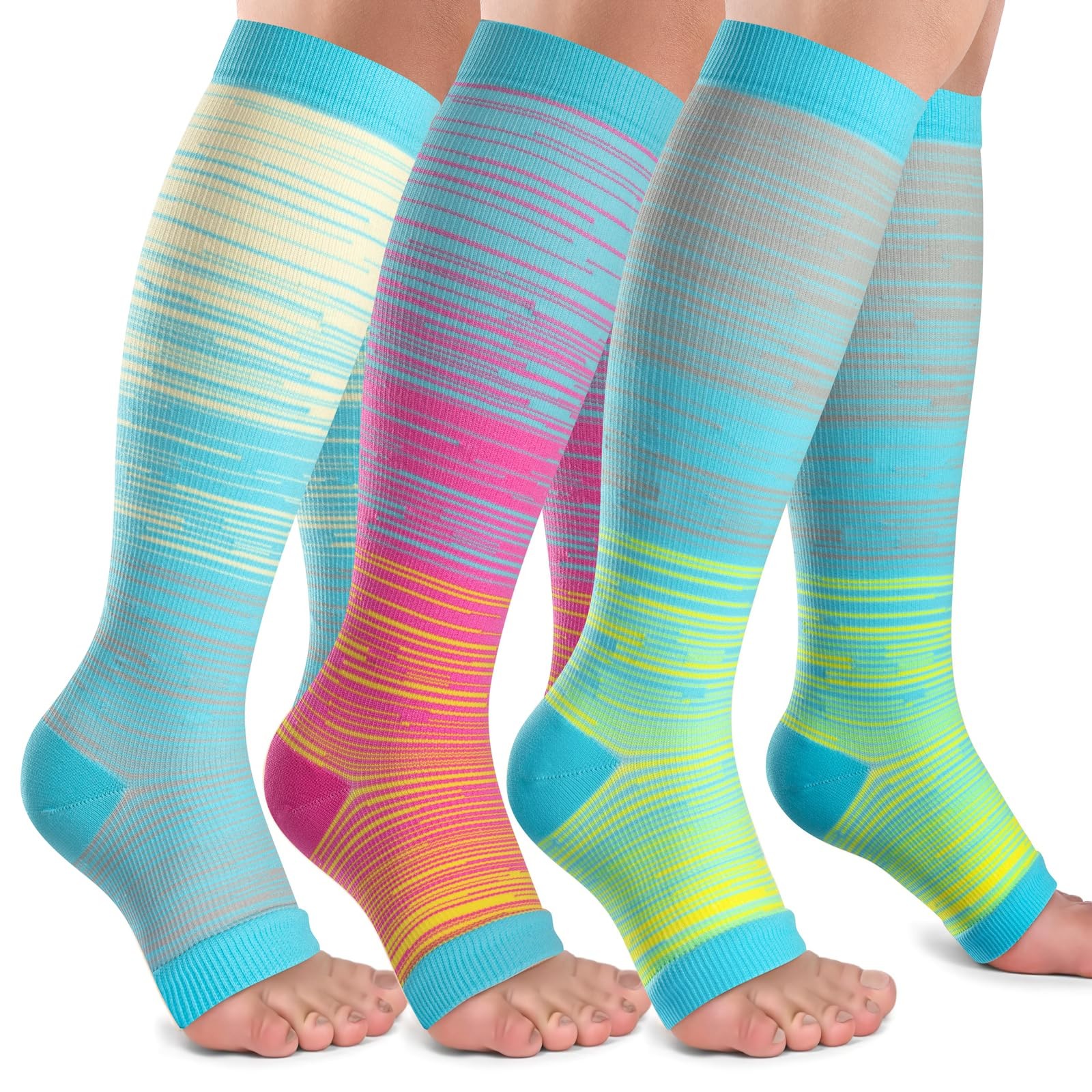 Open Toe Compression Socks Women & Men-3 Pairs 20-30 mmHg Knee High Stockings...