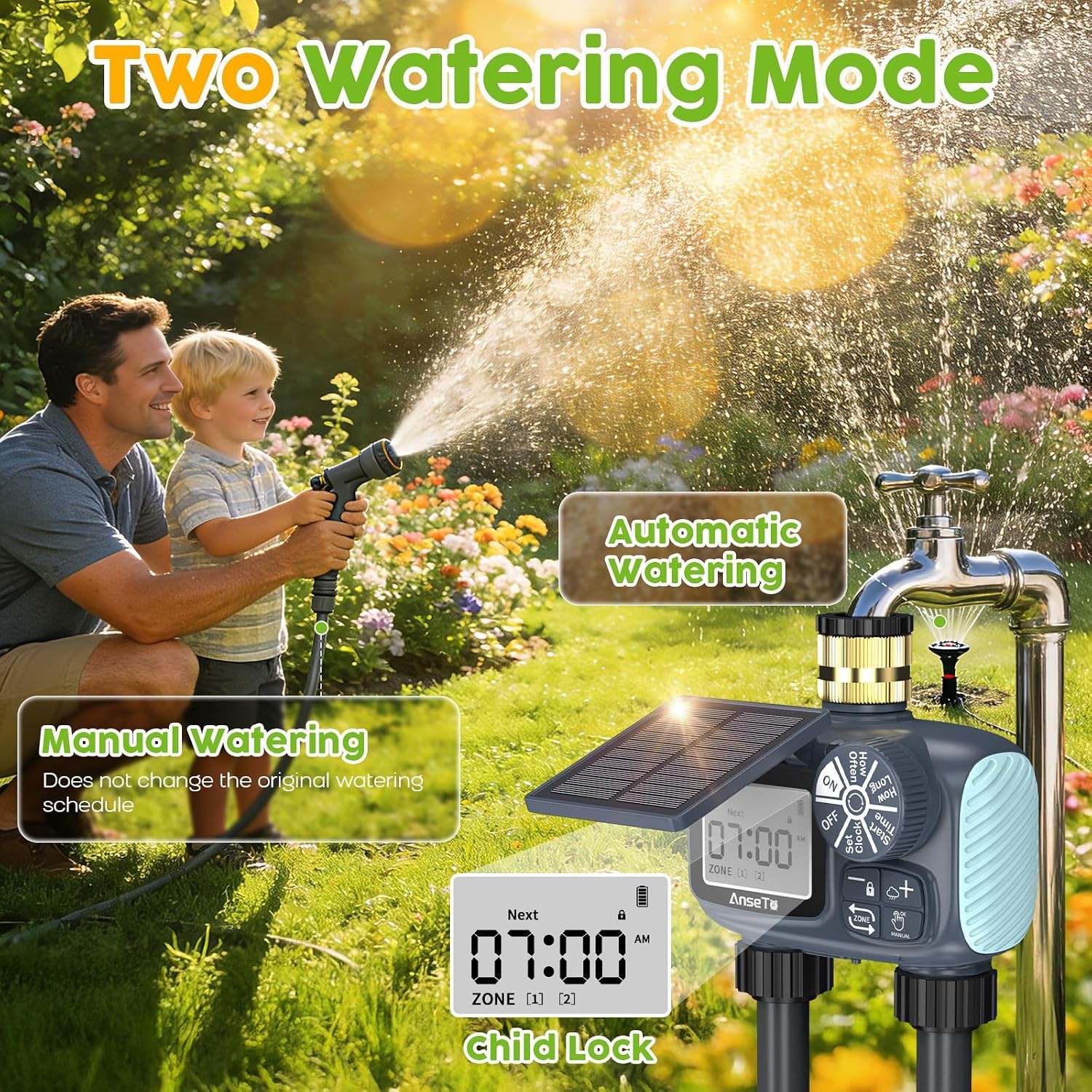 2 Outlet Solar Sprinkler Timer,Brass Inlet Hose Timer Garden Hose,Programmable