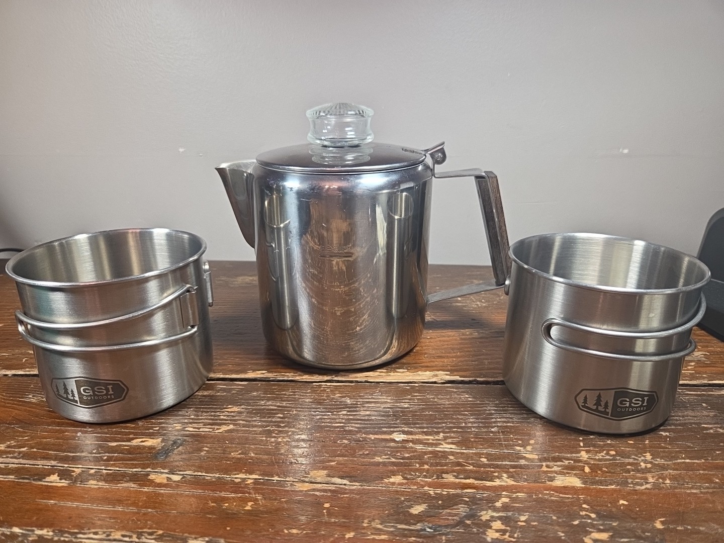Stainless Steel Percolator Coffee Pot 6 Cup Wooden Handle For Camping W/ 2 Cups