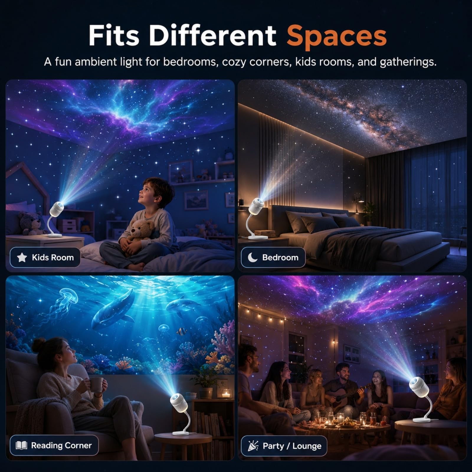 Plug and Play HD Star Projector Night Light, USB Galaxy Ocean Ceiling Projector
