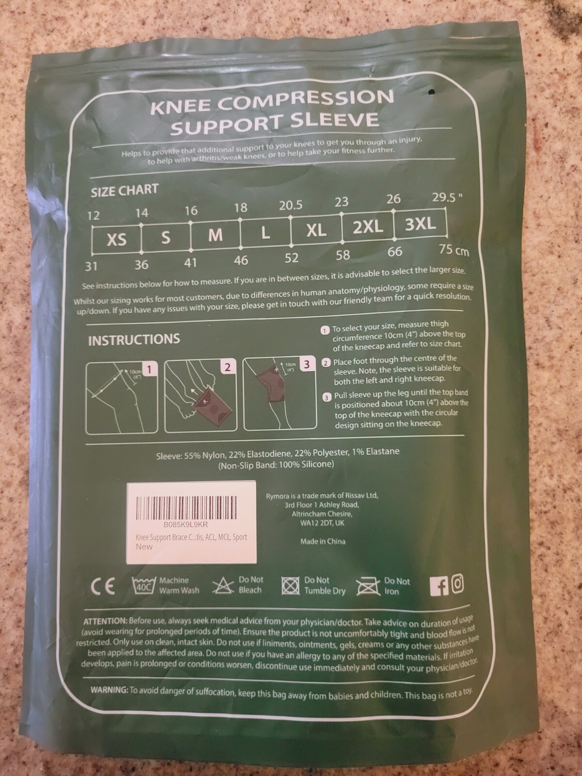 Rymora Knee Compression Sleeve Large Unisex Support Brace Sports Running