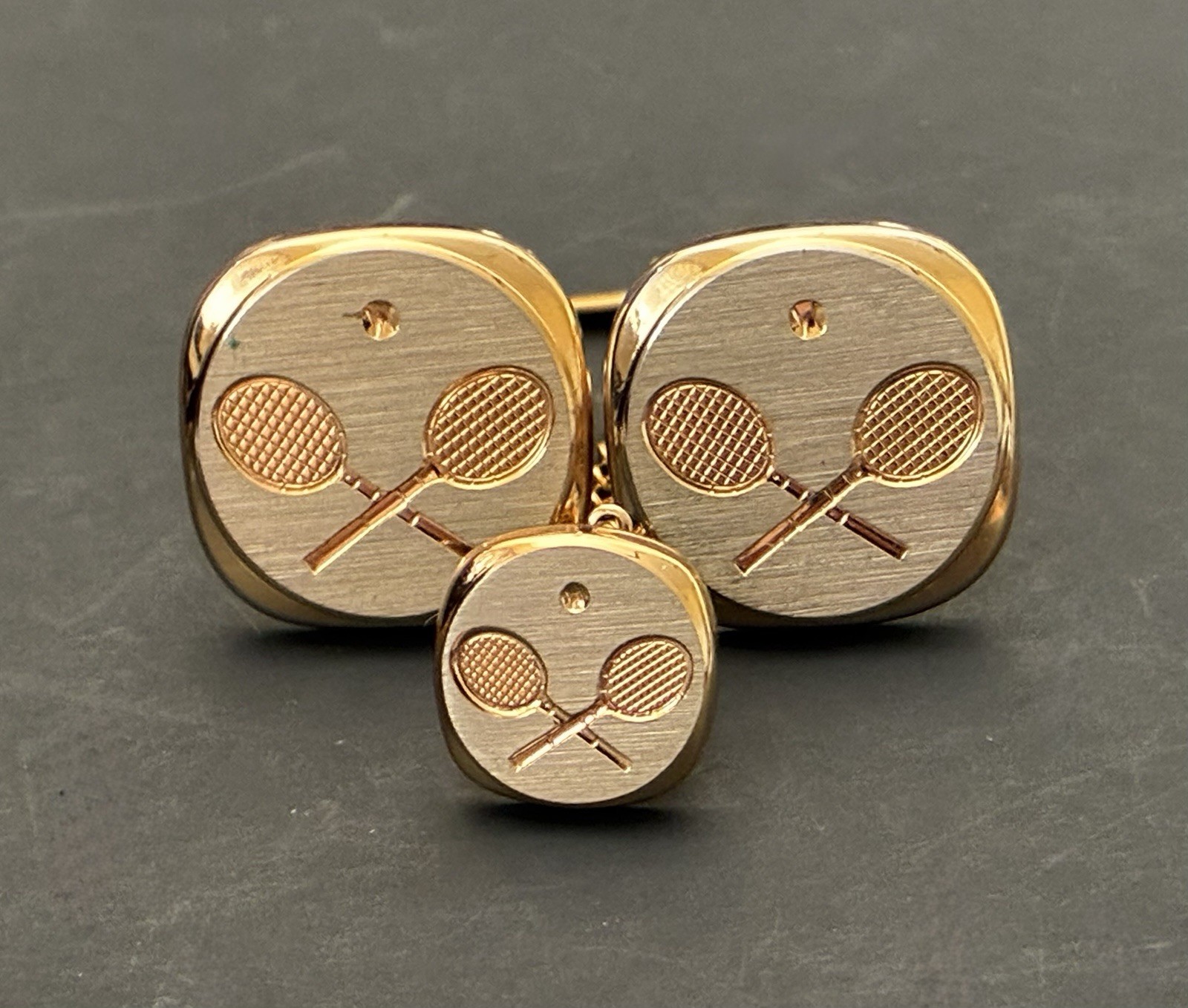 Vintage Gold Tone Tennis Racket Cufflinks and Tie Tack Set, Sports Jewelry
