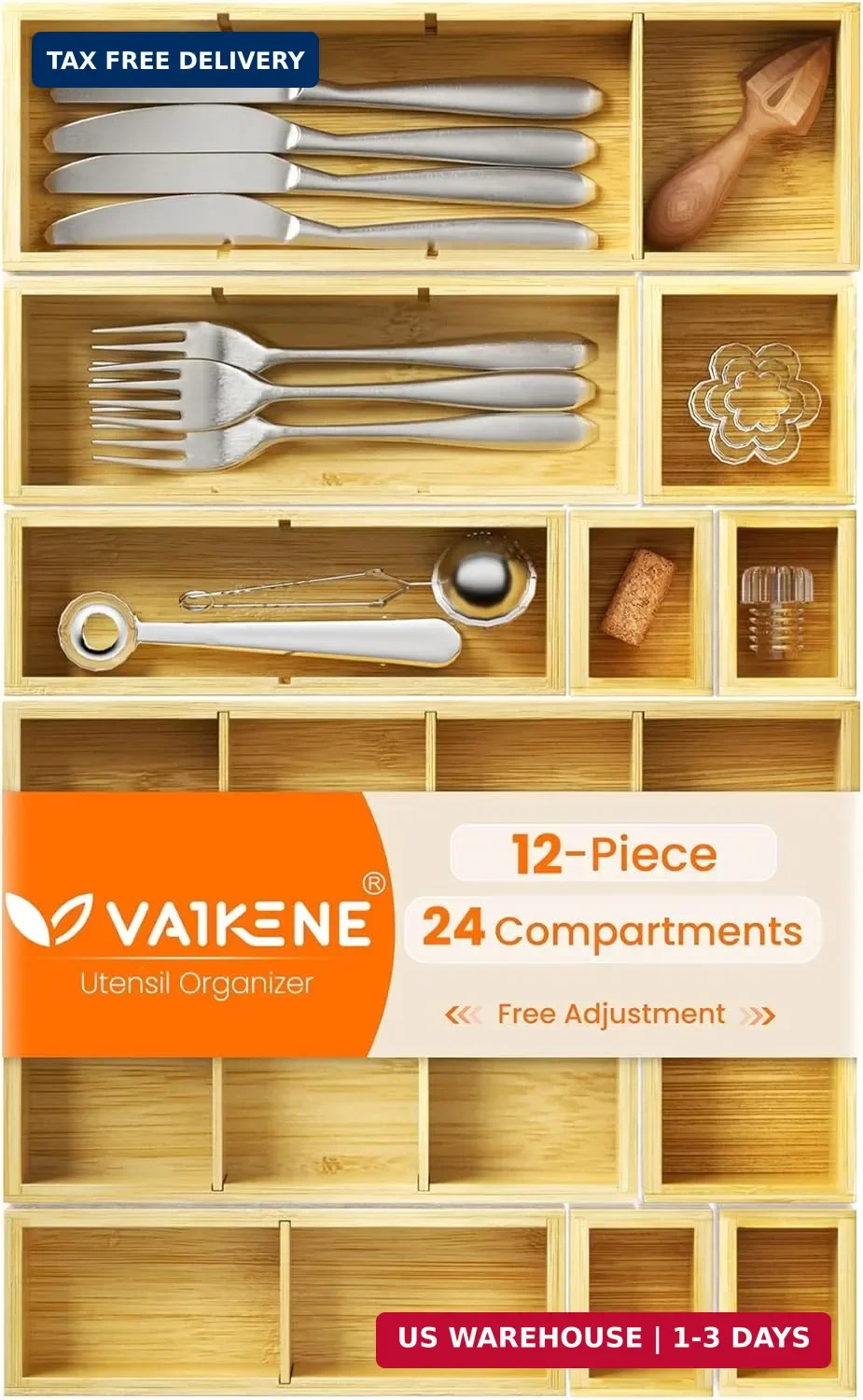 12-Piece Bamboo Desk Drawer Organizer Set - Adjustable Storage Boxes with 24 Com