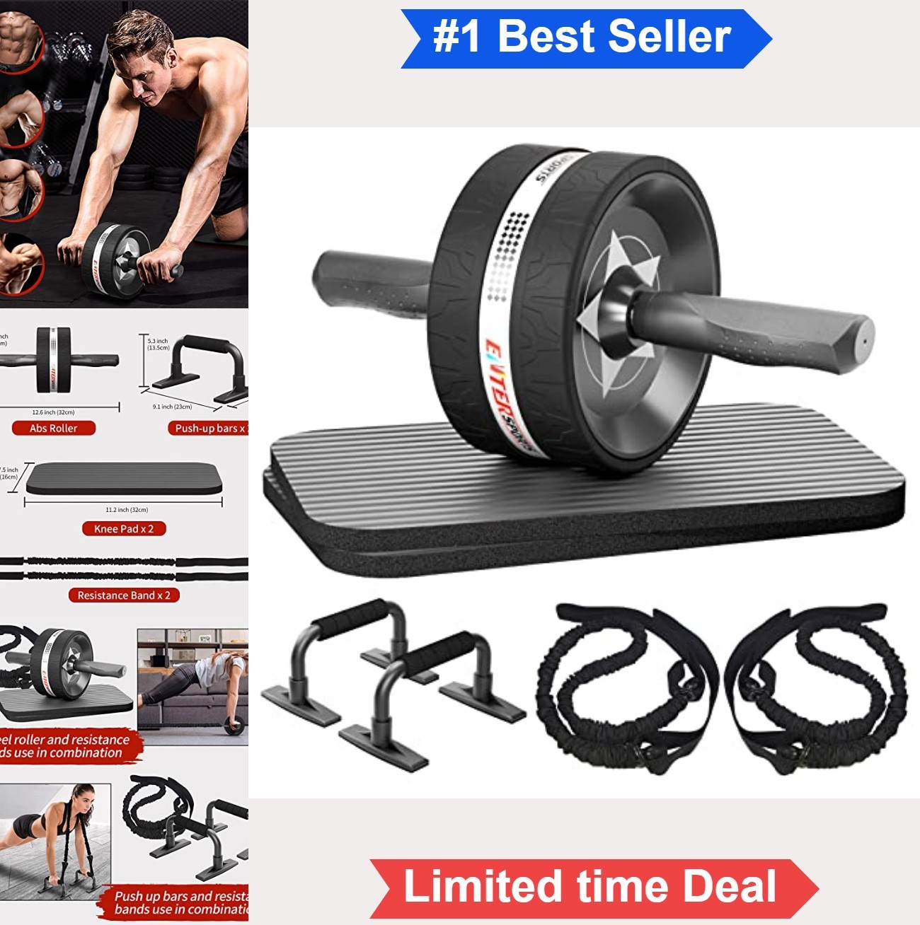 Ab Roller Wheel With Knee Pads Resistance Bands Push Up Bars for Core Strength