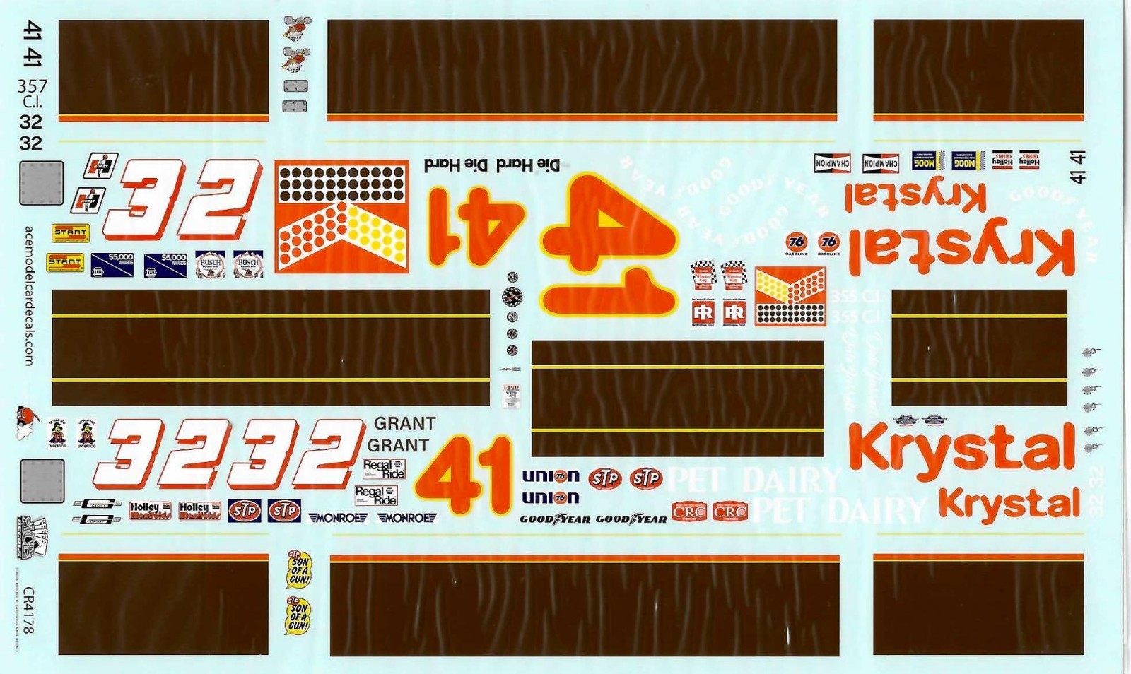 Ace Decals #32/#41 Krystal Grant Adcox 1975 1/25 waterslide Nascar decal